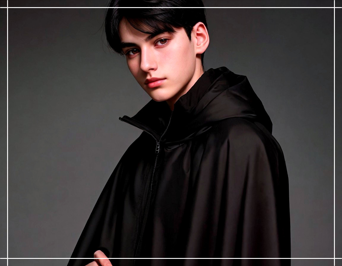Young model in black hooded cape with dramatic lighting
