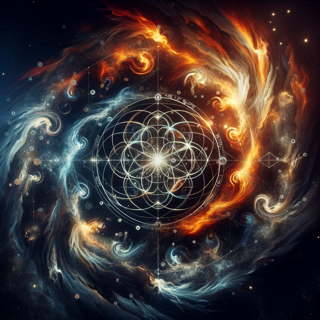 Vibrant Cosmic Scene with Geometric Patterns and Stardust
