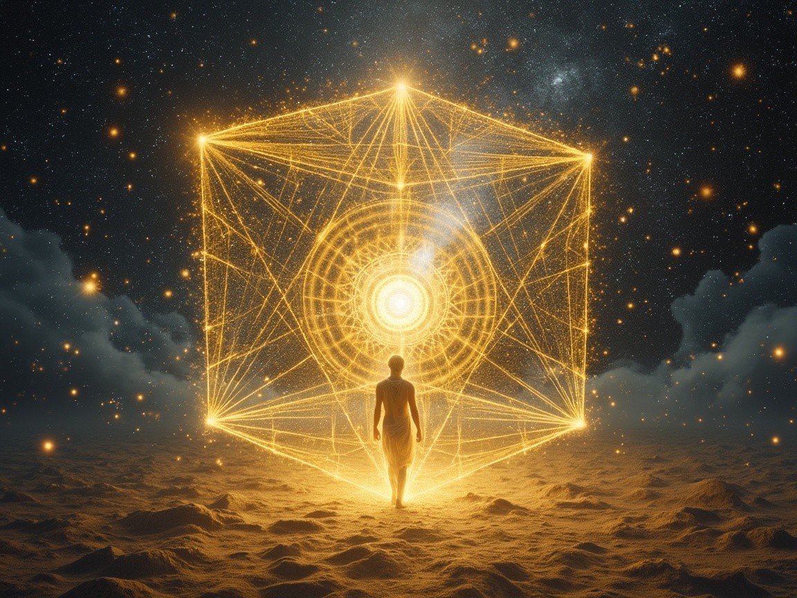 Cosmic Landscape with Glowing Geometric Cube