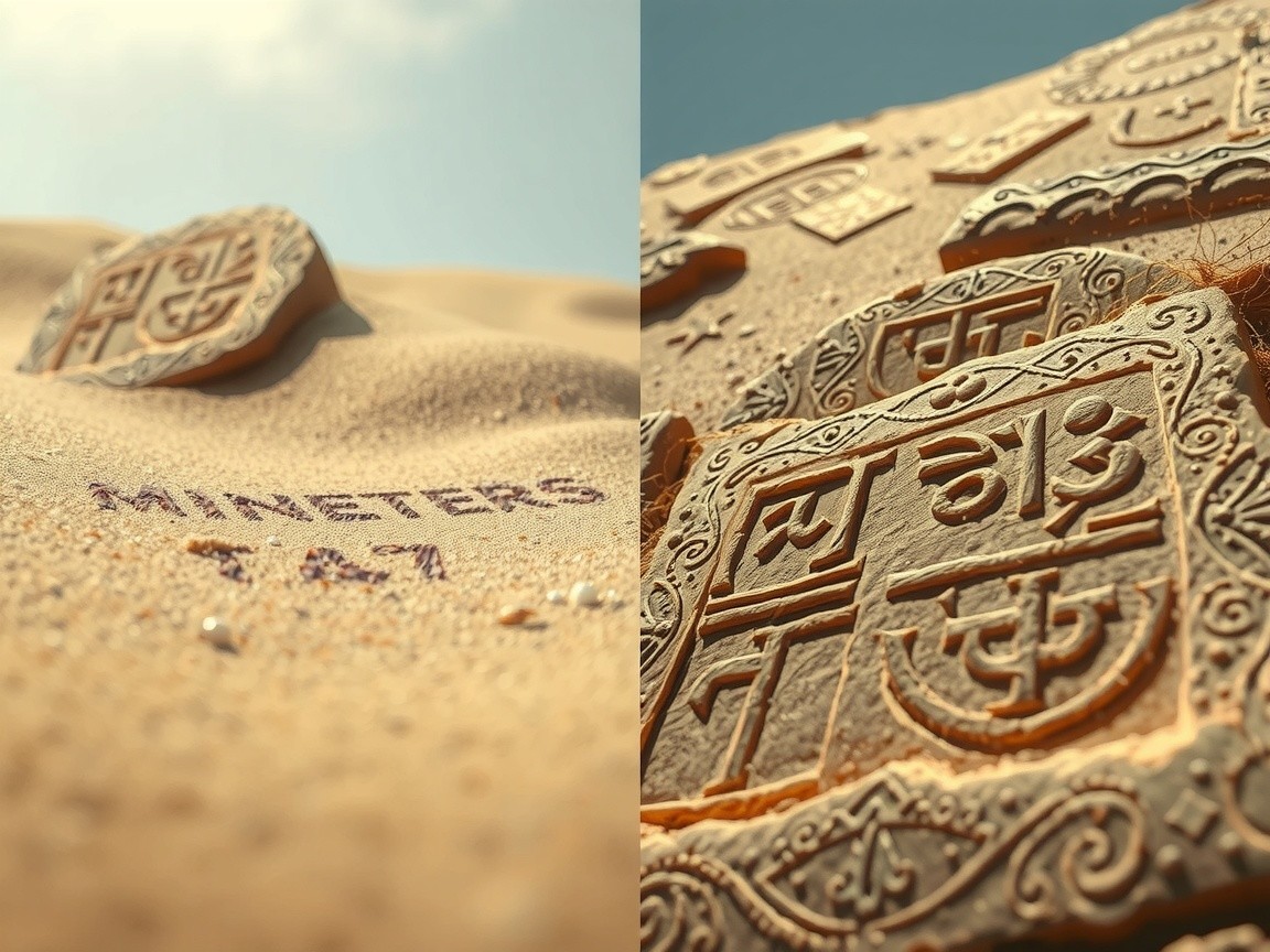 Ancient Stone Slab with Carvings in Desert Sand