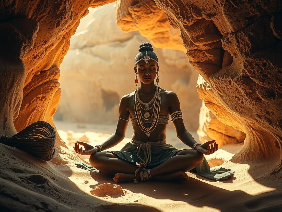 Meditative Figure in Serene Cave Setting with Jewelry
