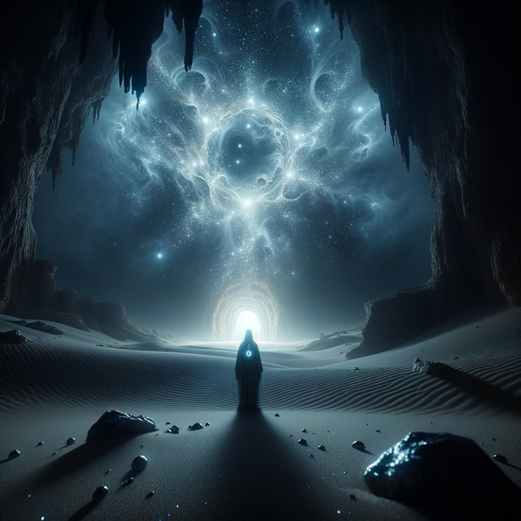 Mystical Cave Scene with Ethereal Light and Celestial Patterns