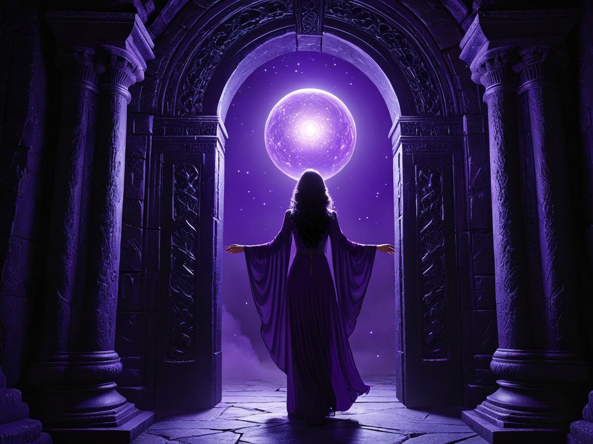 Mystic Figure in Purple Robe Under Radiant Moon
