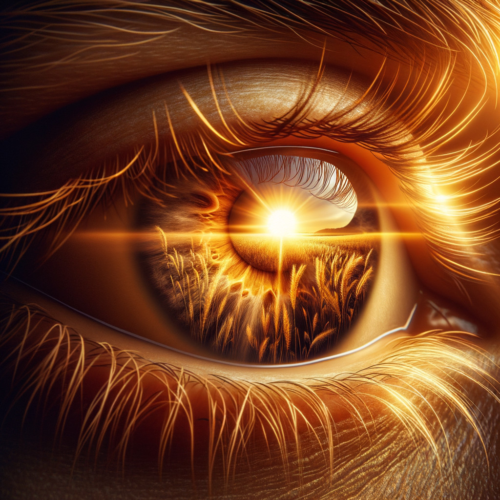Close-up of a human eye with golden iris and sunset reflection