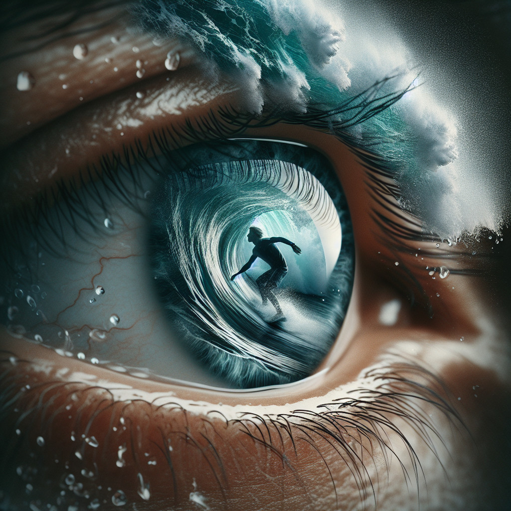 Close-Up of Eye Reflecting Surfer on a Wave