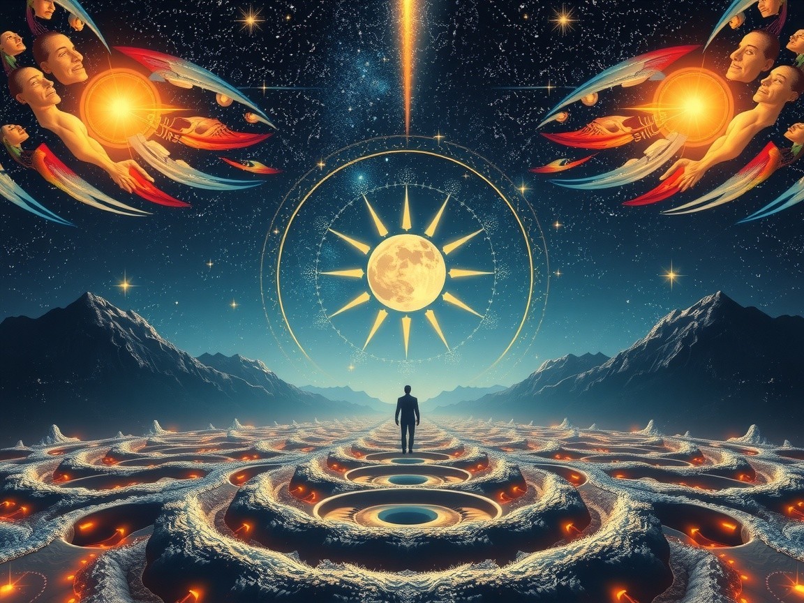 Solitary Figure in a Surreal Cosmic Landscape