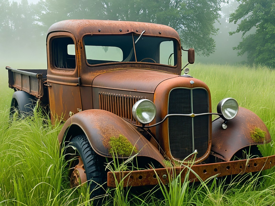 Vintage Truck in Field Surrounded by Tall Grass