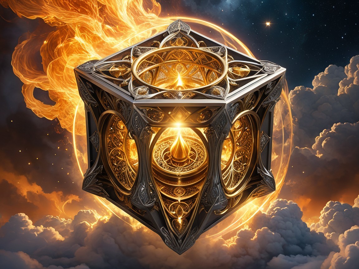 Floating Cube Surrounded by Clouds and Flames