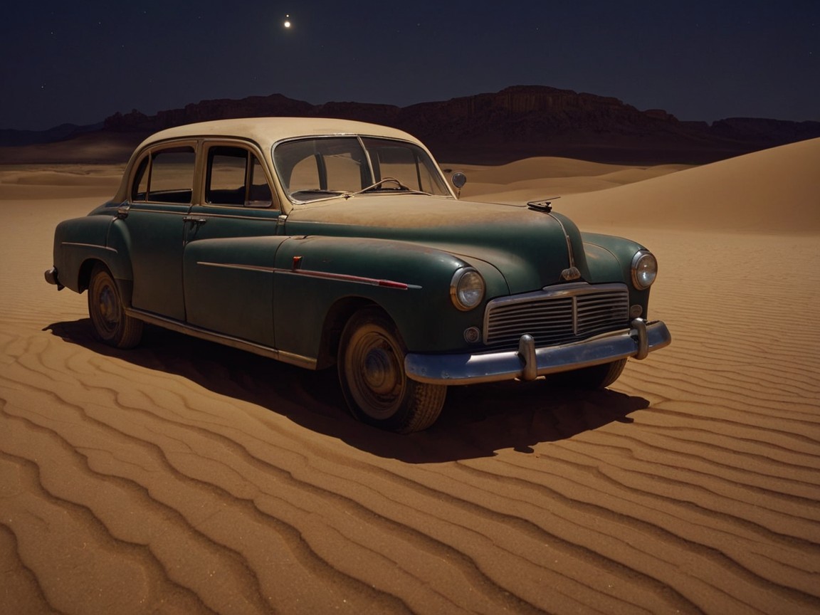 Vintage Car on Desert Sands Under Starlit Sky