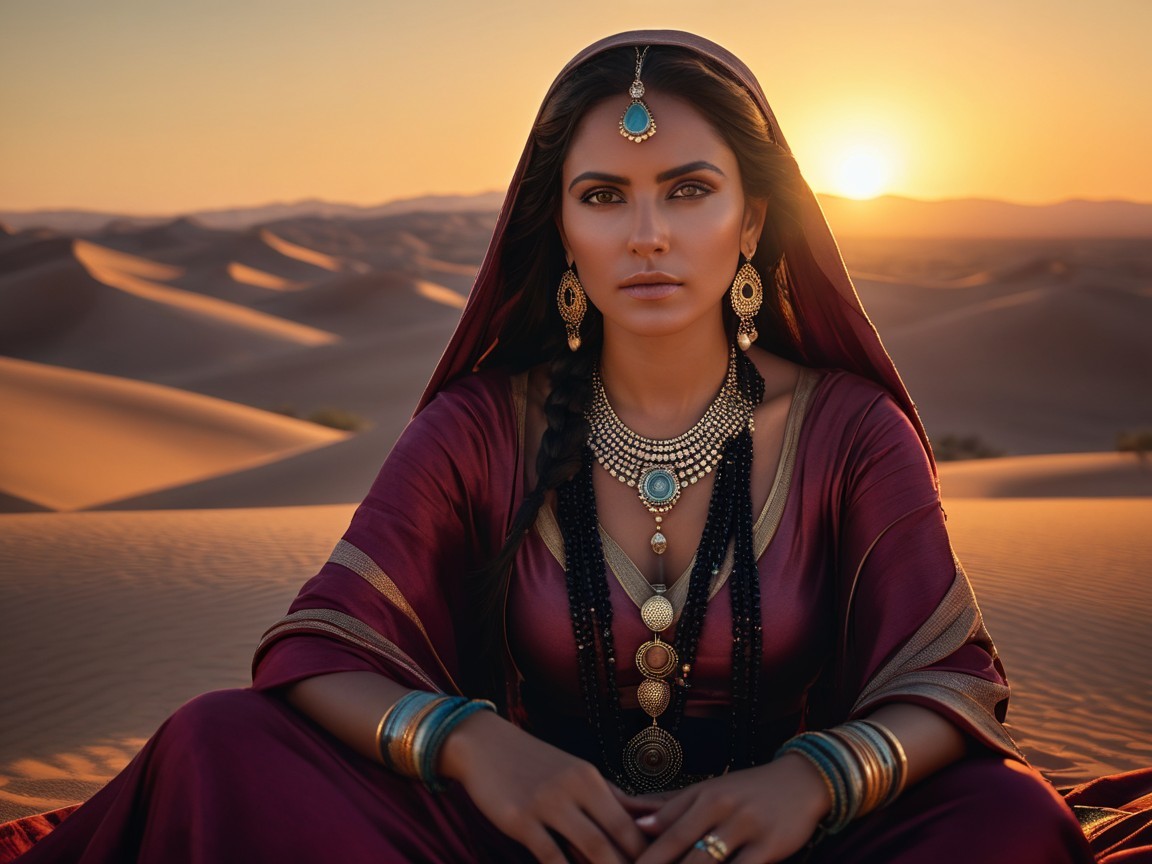 Woman in Burgundy Robes Amidst Desert Sunset