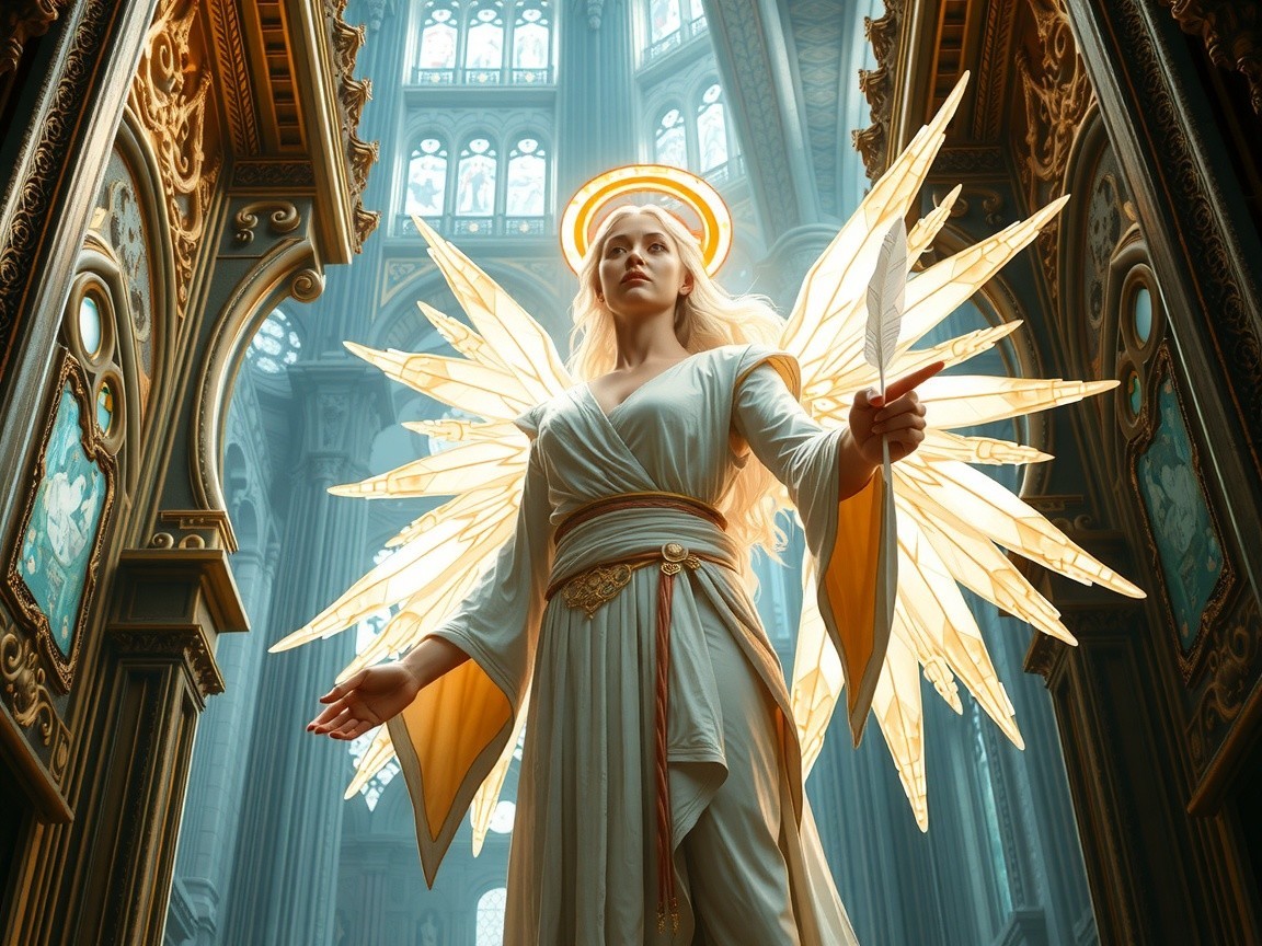 Radiant angel in ornate cathedral with golden wings