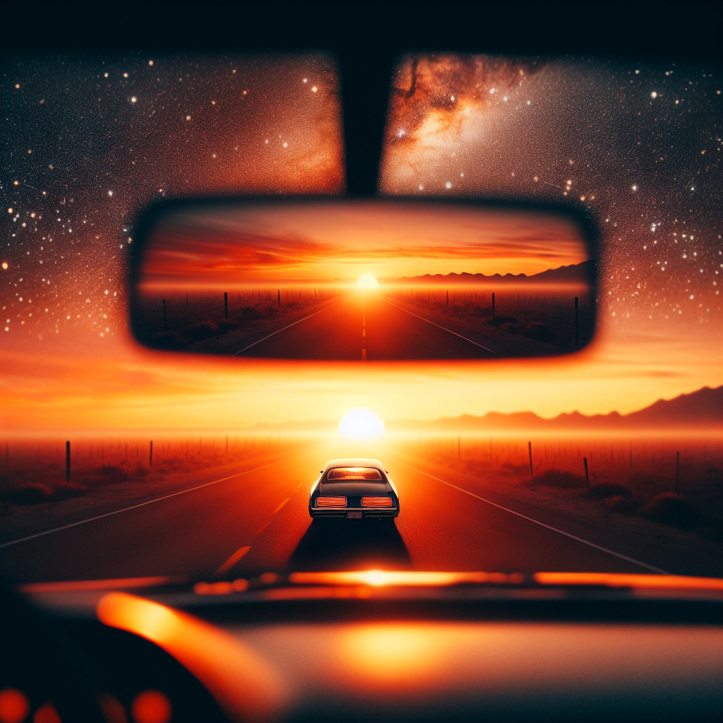Car Interior View with Sunset and Starry Sky Reflection