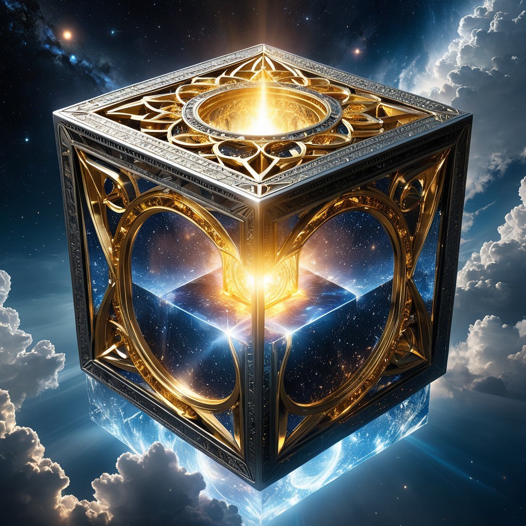 Cosmic Cube with Golden Filigree in Starry Sky
