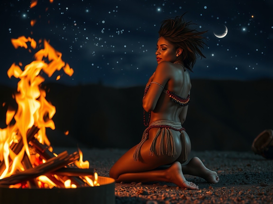 Night Scene with Campfire and Starry Sky