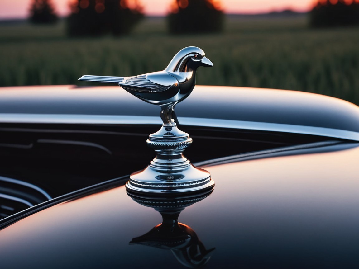 Polished Chrome Bird Ornament on Classic Car Hood