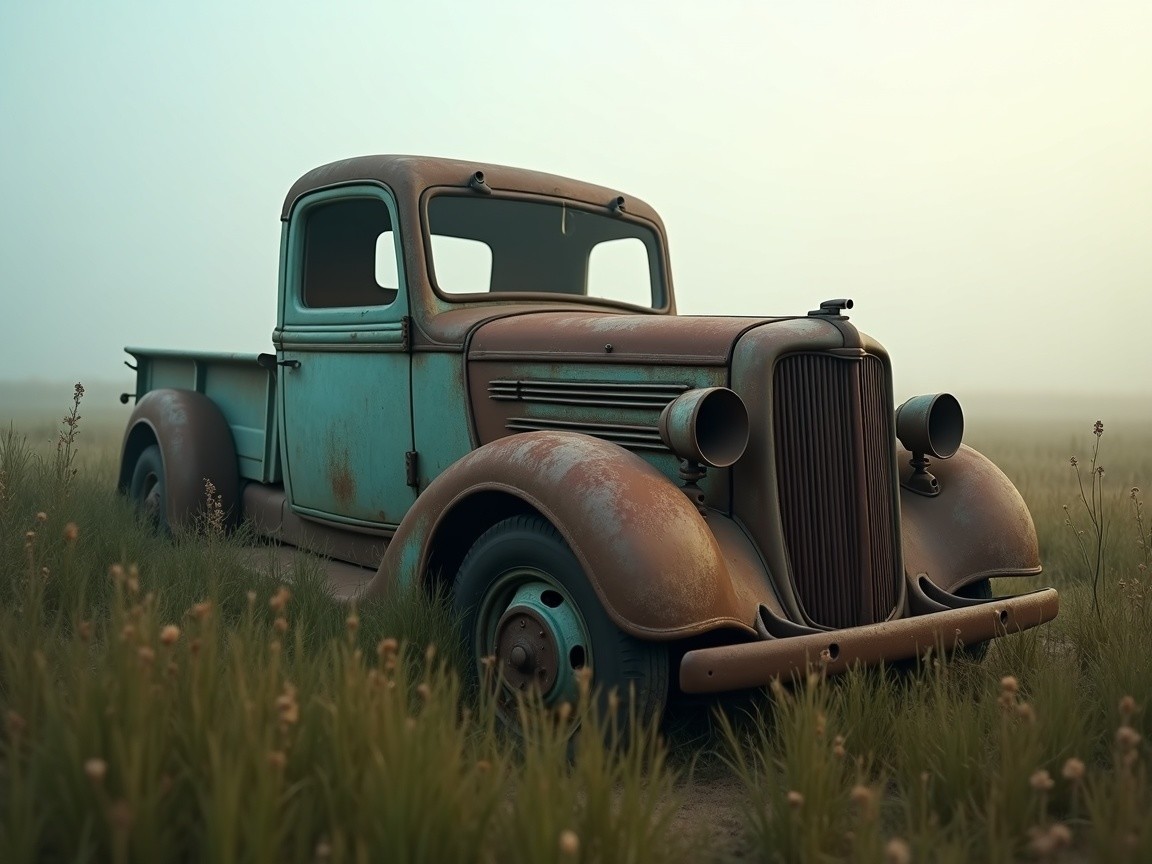 Abandoned Vintage Pickup Truck in Tall Grass Field