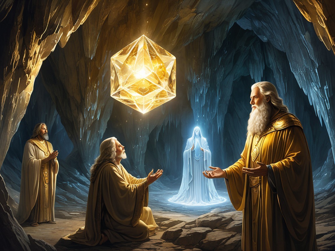 Three Wise Figures in a Mystical Cave Seeking Guidance
