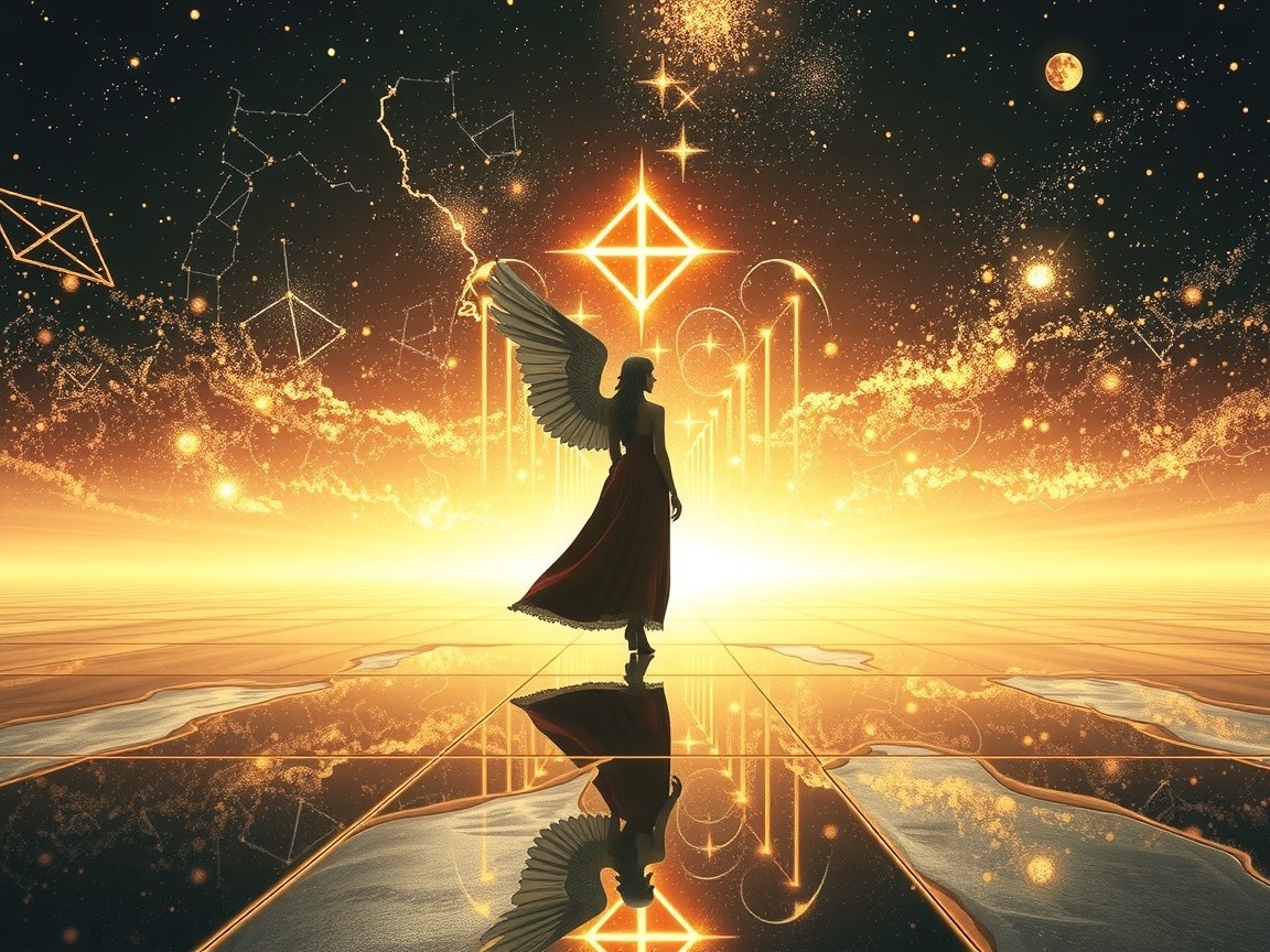 Celestial Figure with Wings Against Starry Background