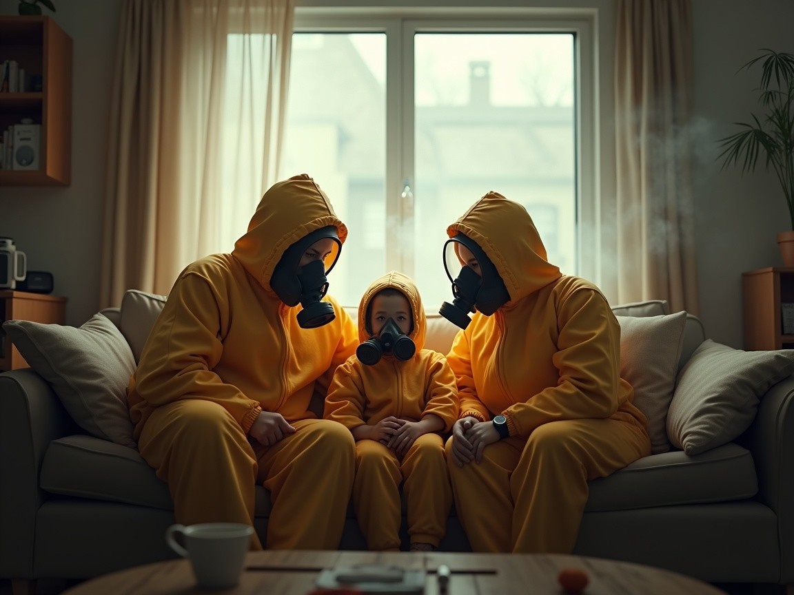 Family in Yellow Protective Suits in Cozy Living Room