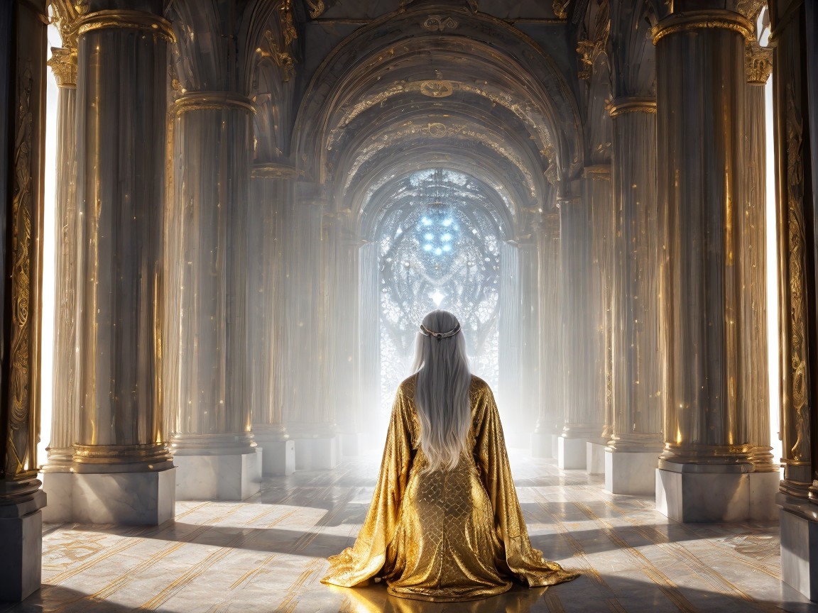 Golden Cloaked Figure in Ornate Hall with Pillars