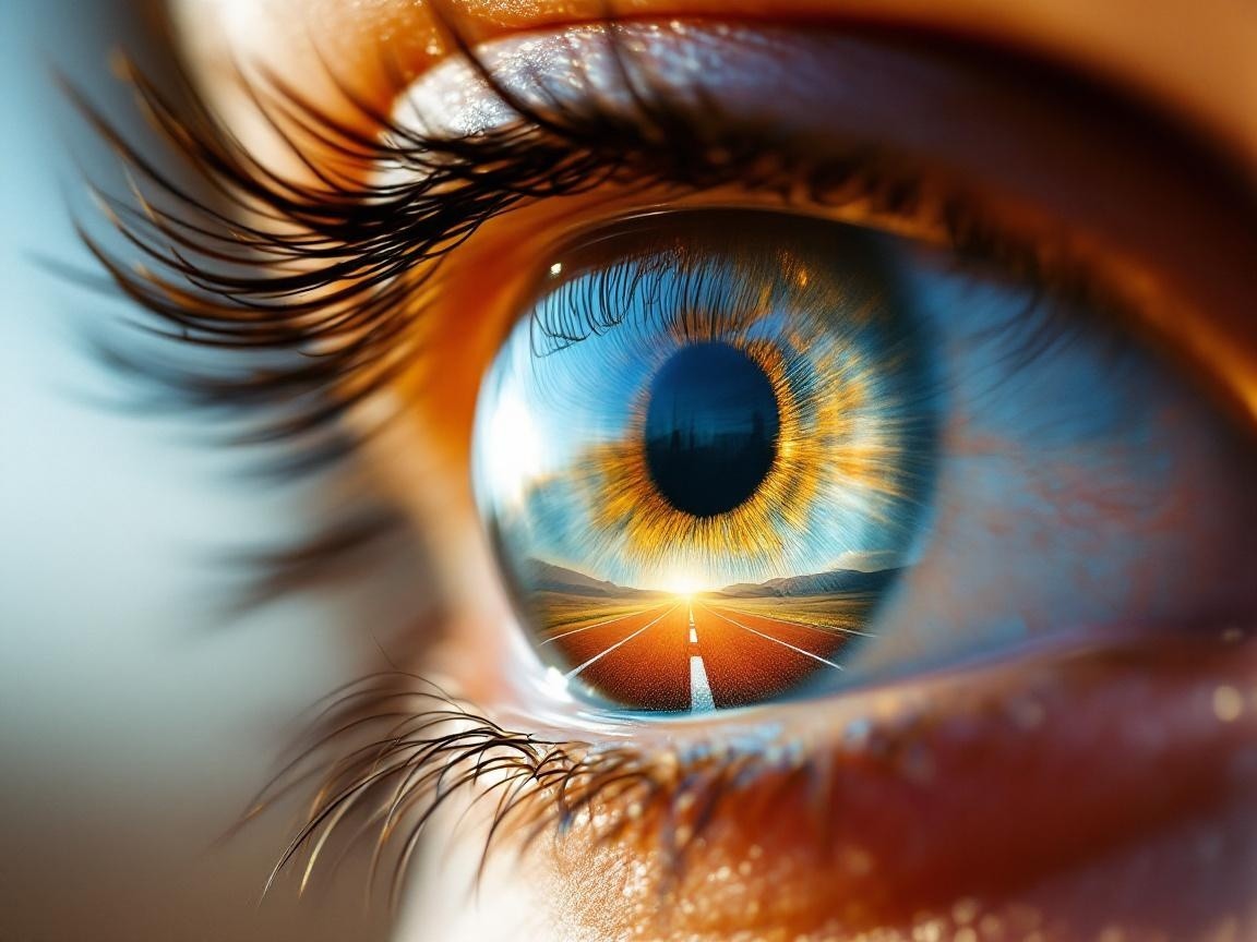 Close-Up of an Eye Reflecting a Sunset and Road