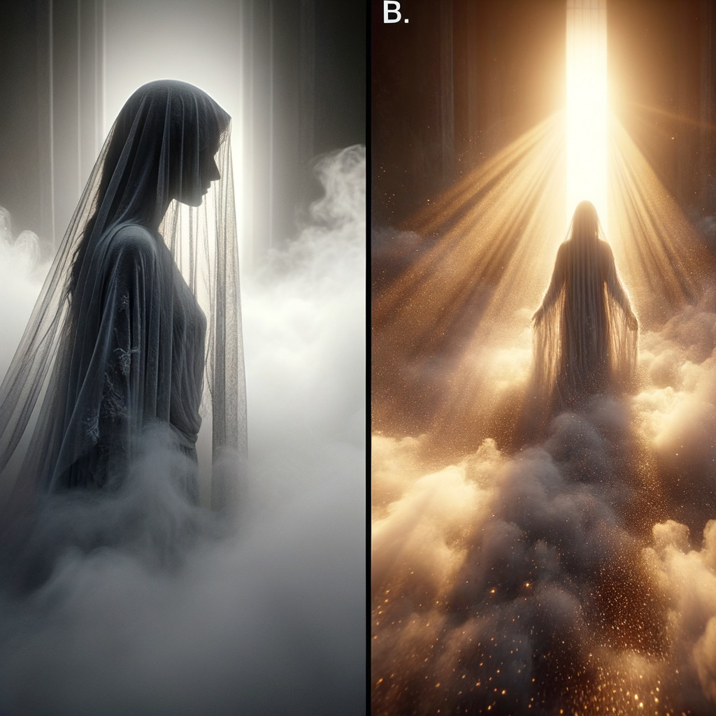 Mysterious figure in ethereal light and swirling clouds