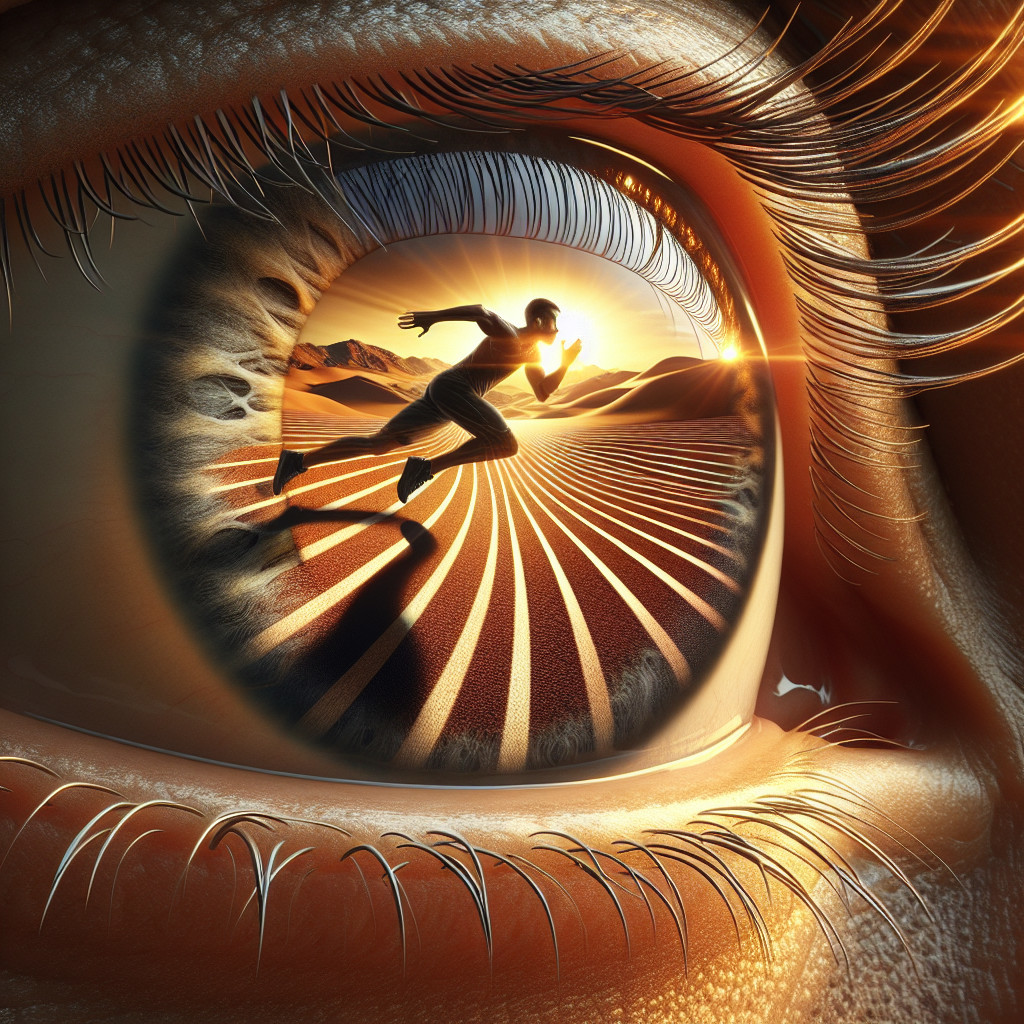 Close-up of a human eye with a desert scene reflection