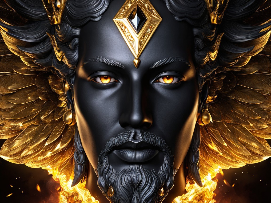 Stylized portrait of a crowned figure with wings