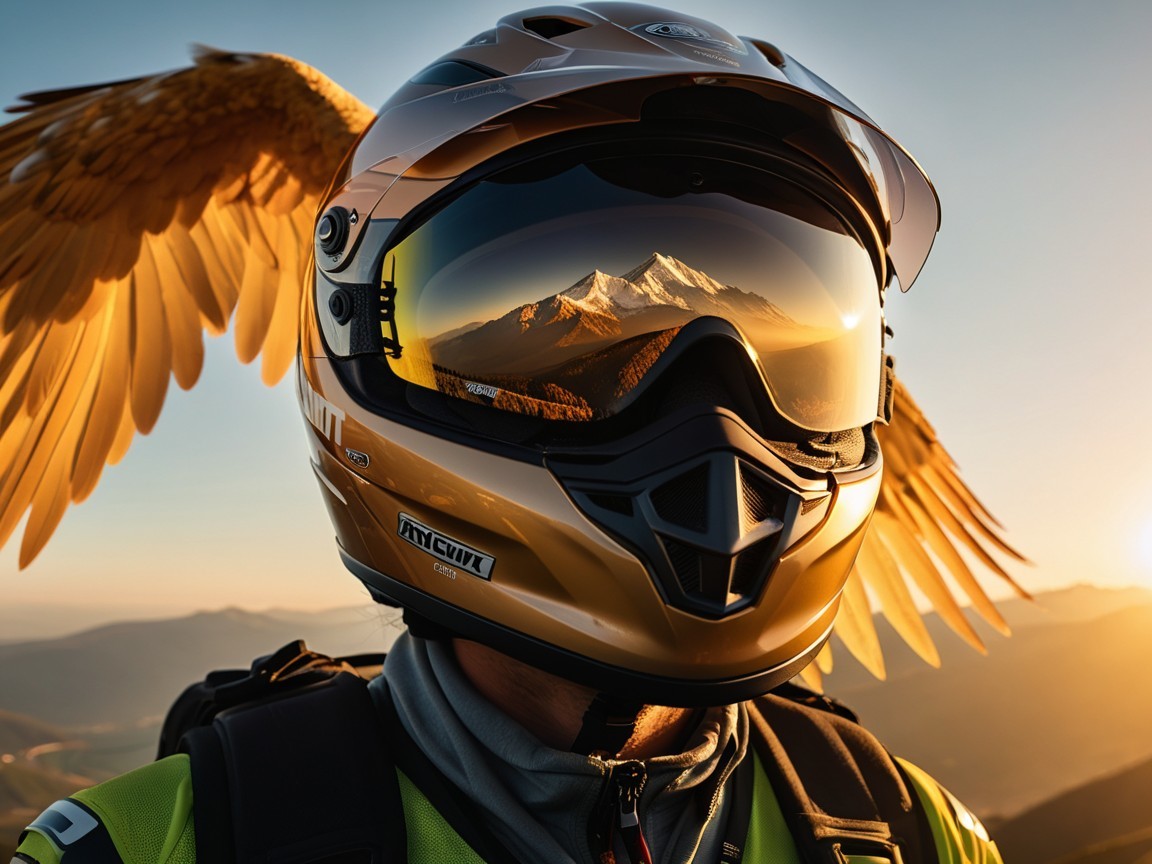 Reflective Helmet with Golden Wings in Mountain Scene