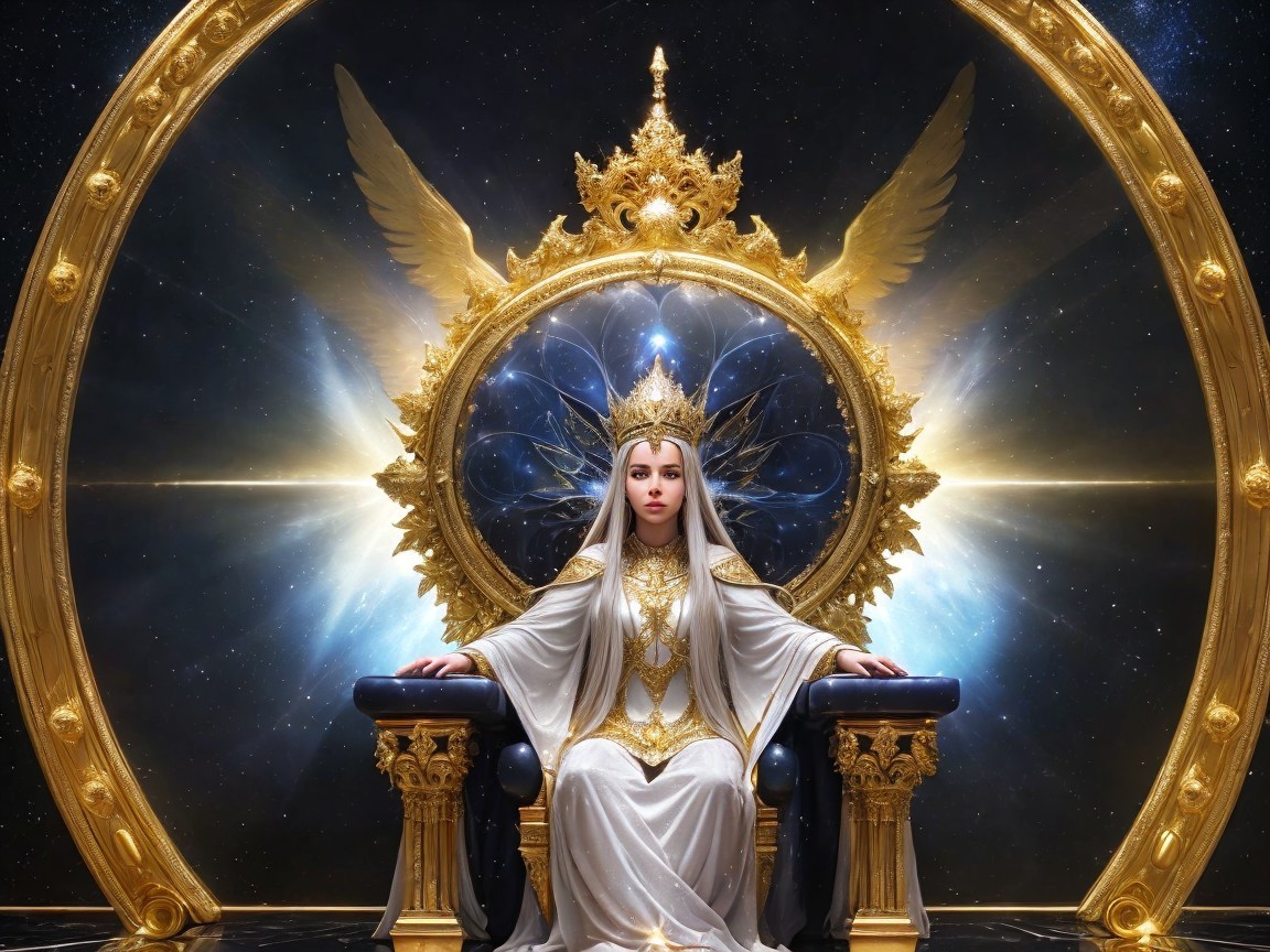 Majestic Figure on Ornate Throne with Cosmic Backdrop
