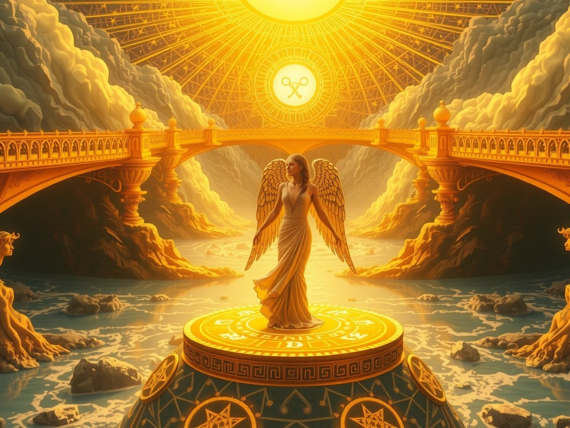 Majestic angel with golden wings in celestial scene