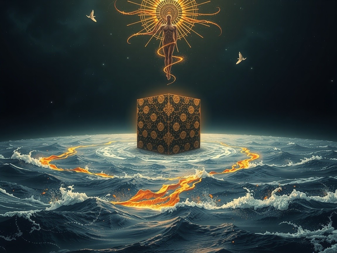 Luminous Figure Above Intricate Cube and Waves