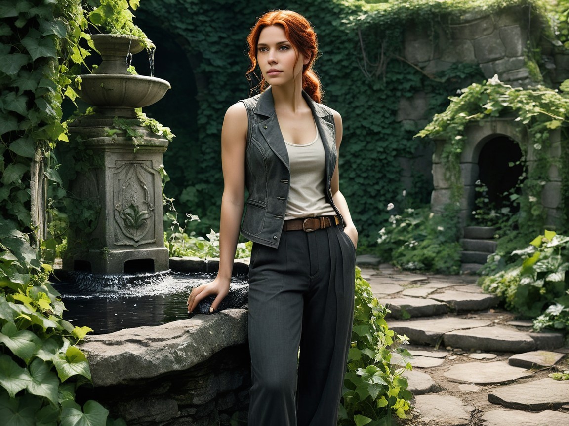 Woman by Stone Fountain in Lush Garden Setting
