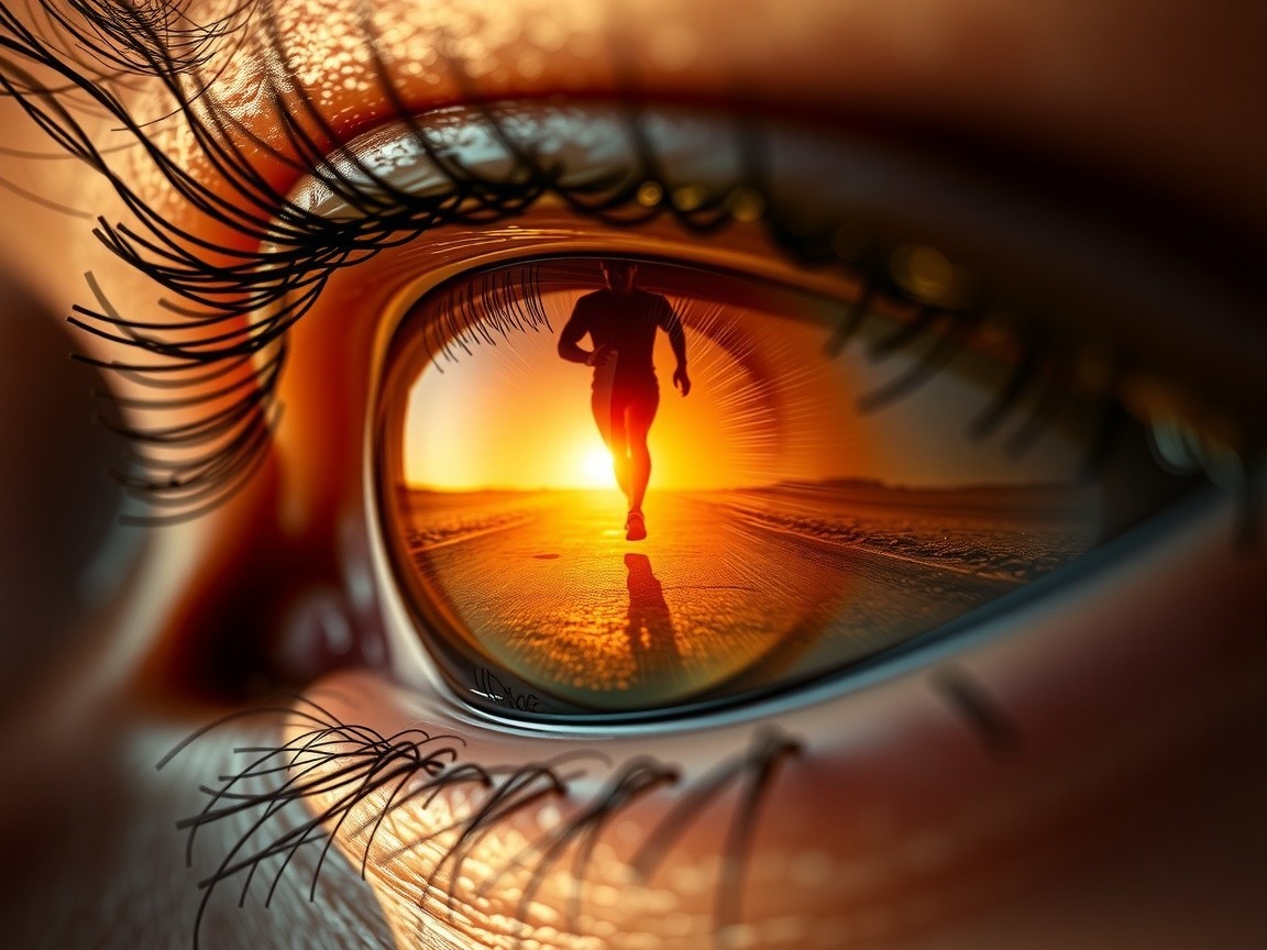 Close-up of a Human Eye Reflecting a Sunset Scene