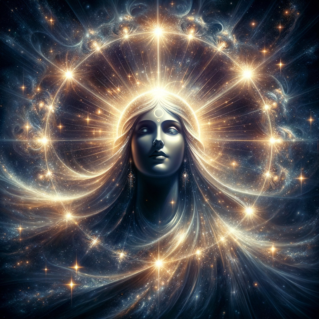 Celestial Figure in Cosmic Backdrop with Stars and Galaxies