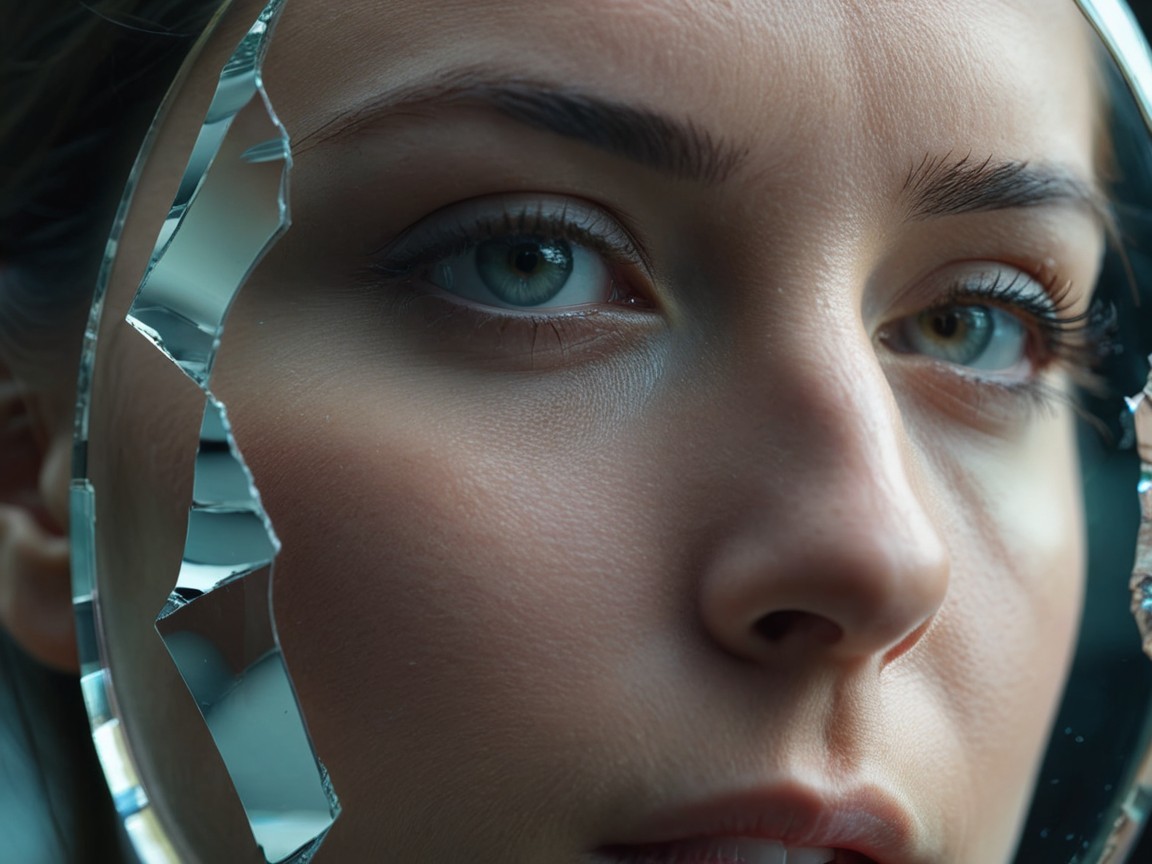 Close-up Portrait of Young Woman in Fragmented Mirror