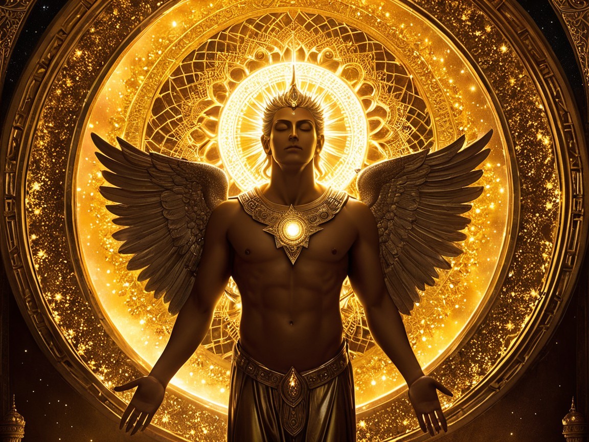 Majestic figure with detailed wings and golden halo