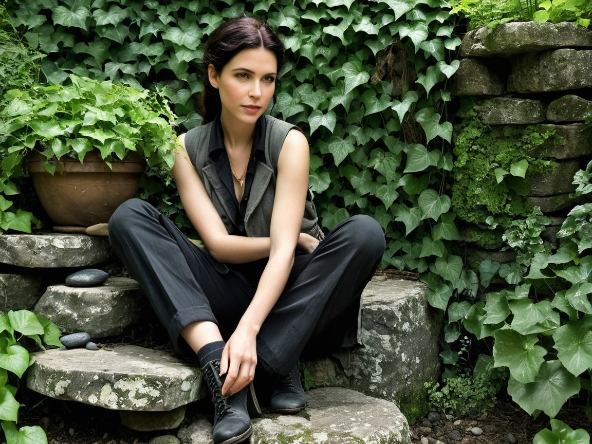 Woman on Stone Steps Surrounded by Lush Greenery