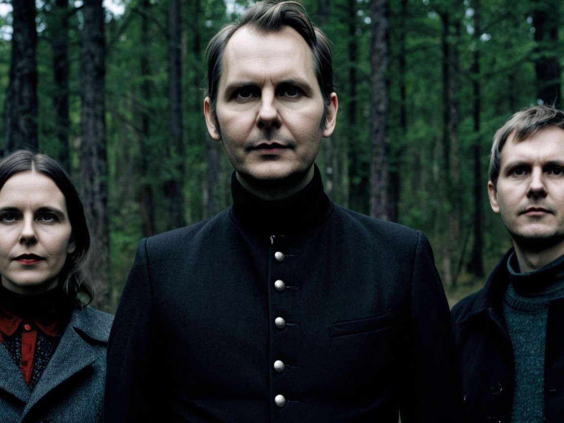 Trio in Dark Attire in Lush Green Forest Setting