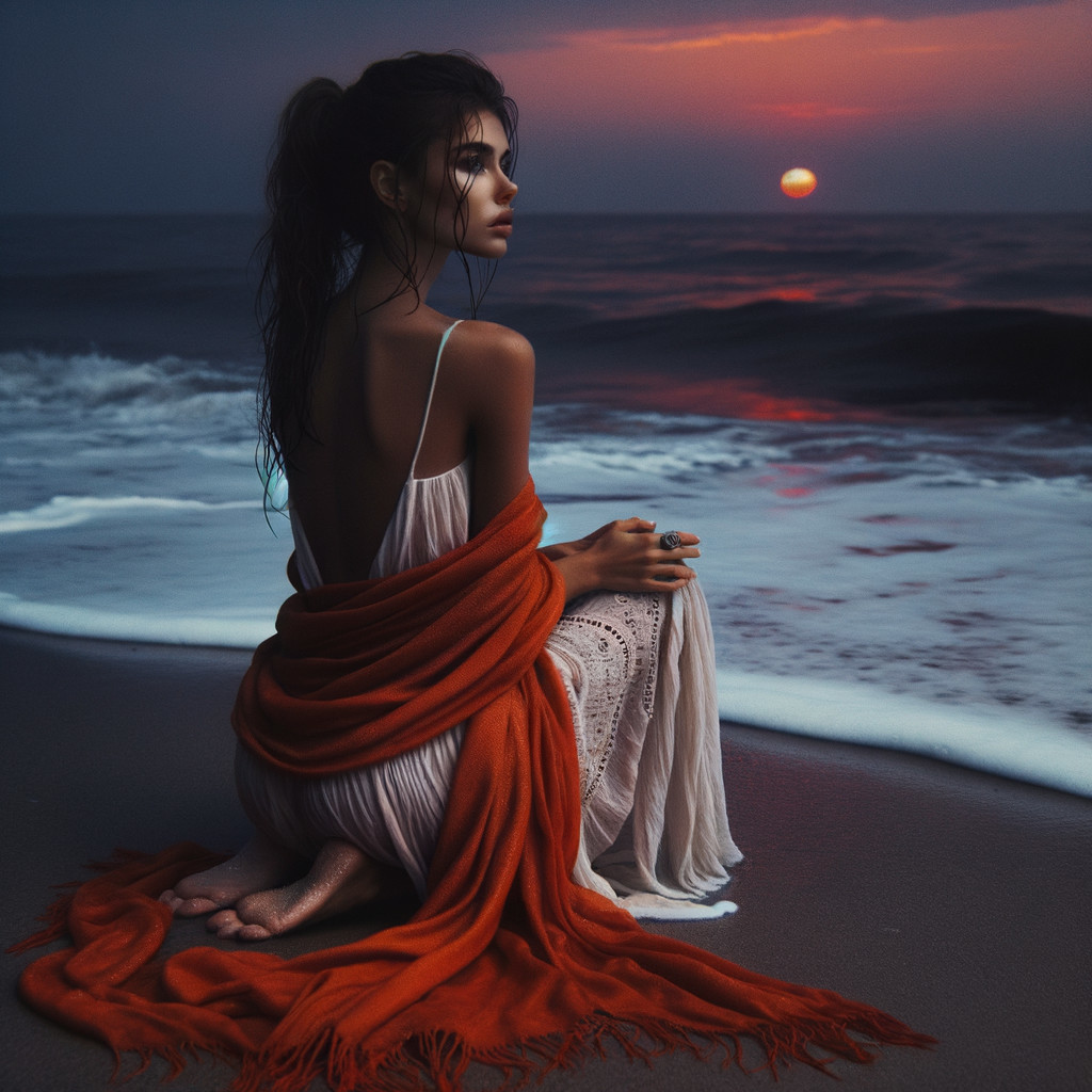 Young woman in flowing dress by sunset shoreline