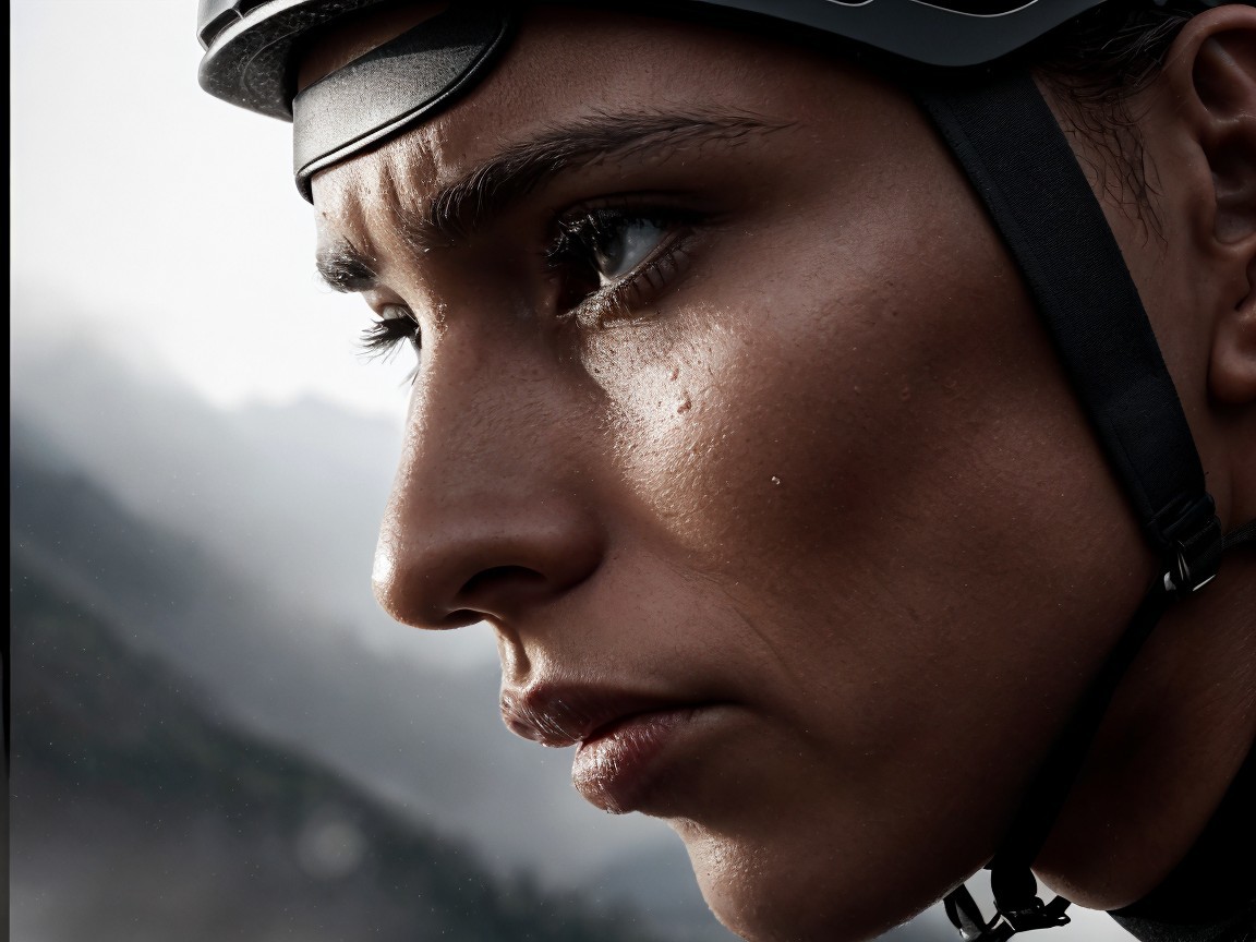 Close-Up of Determined Cyclist in Mountainous Terrain