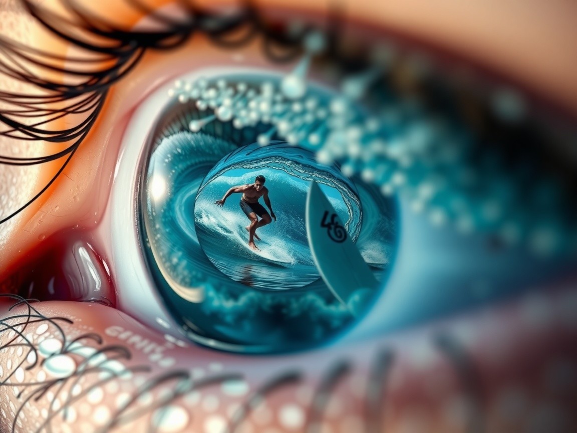 Close-Up of Eye Reflecting Surfer on Wave