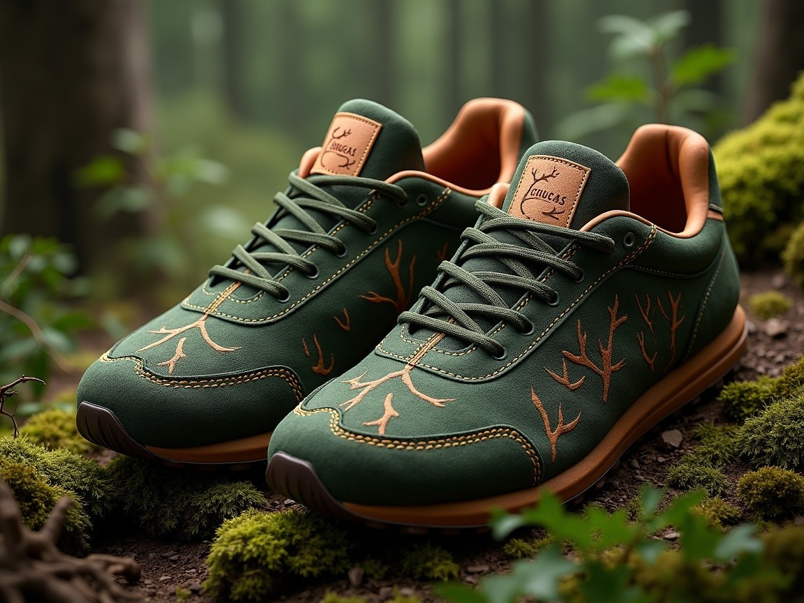 Stylish Green Sneakers with Leaf Designs in Forest Setting