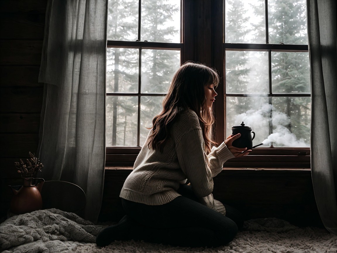Woman in Sweater by Window with Cup and Blanket