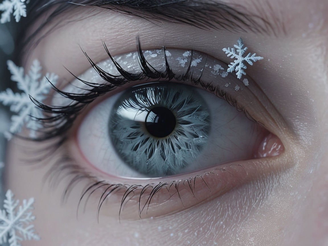Close-Up of Icy Blue Eye with Snowflake Surroundings