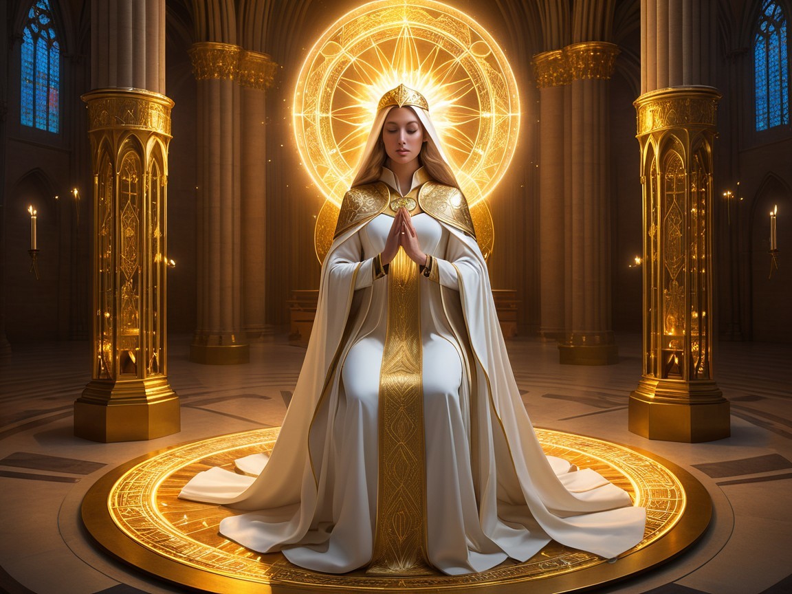 Serene Figure in White Gown Praying in Cathedral