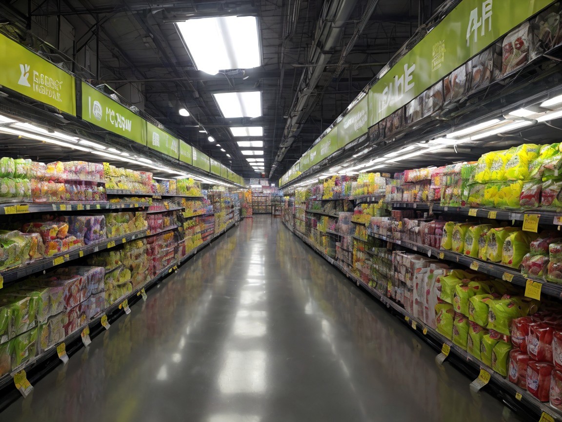 Brightly Lit Grocery Store Aisle with Colorful Snacks