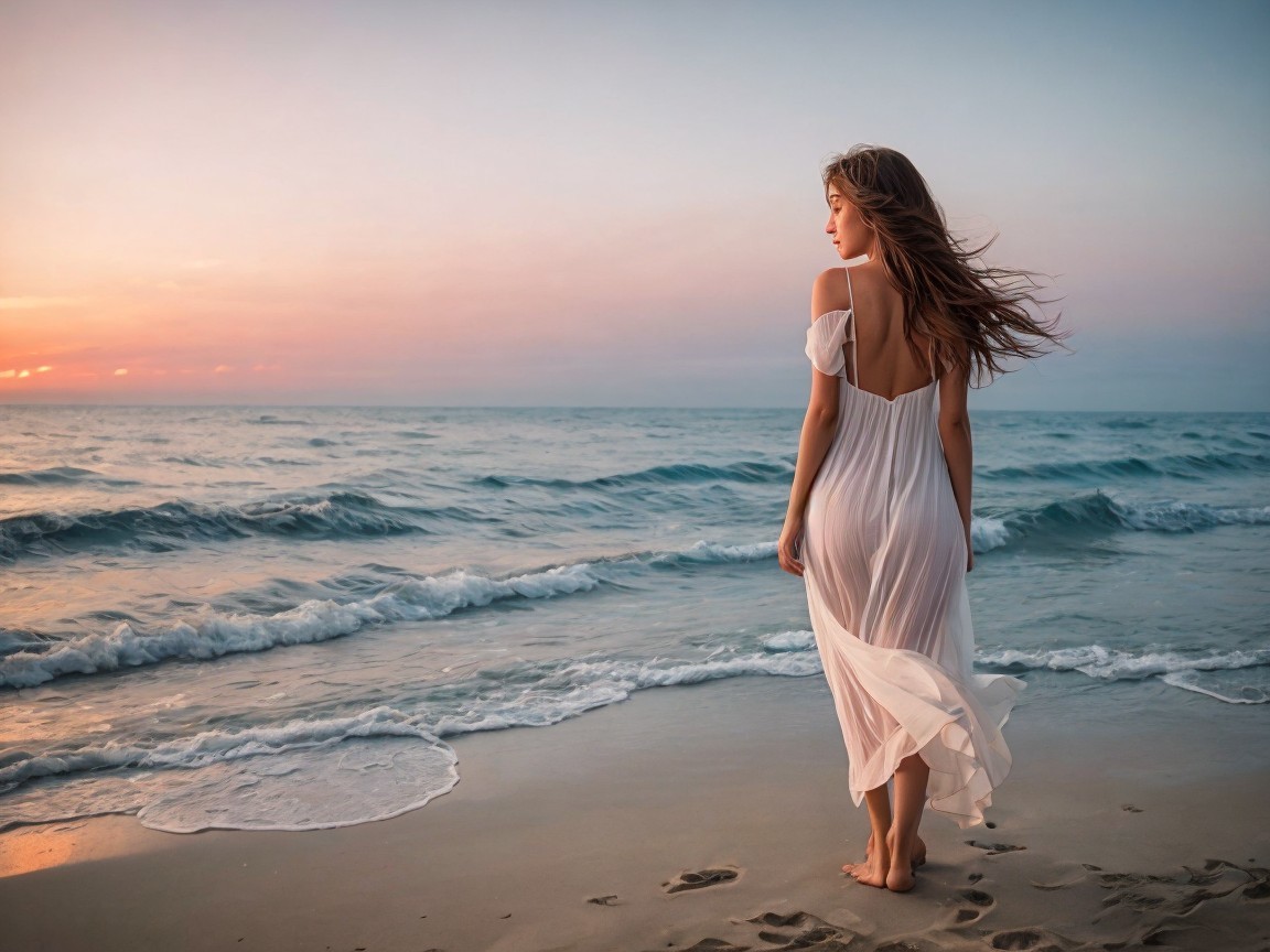 Woman in White Dress on Sunset Beach