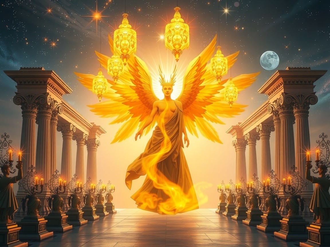 Ethereal Figure with Golden Wings in Celestial Scene