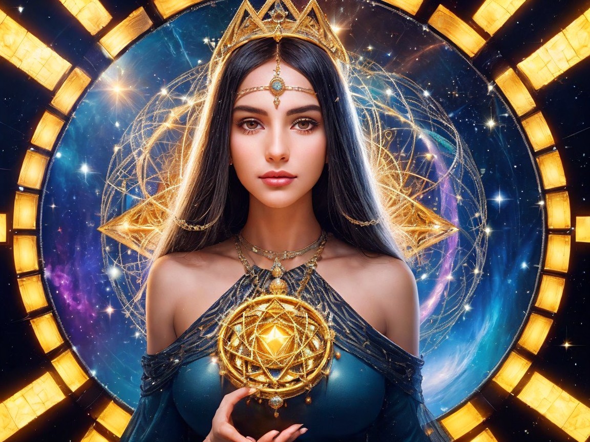 Mystical figure in blue and gold with radiant orb